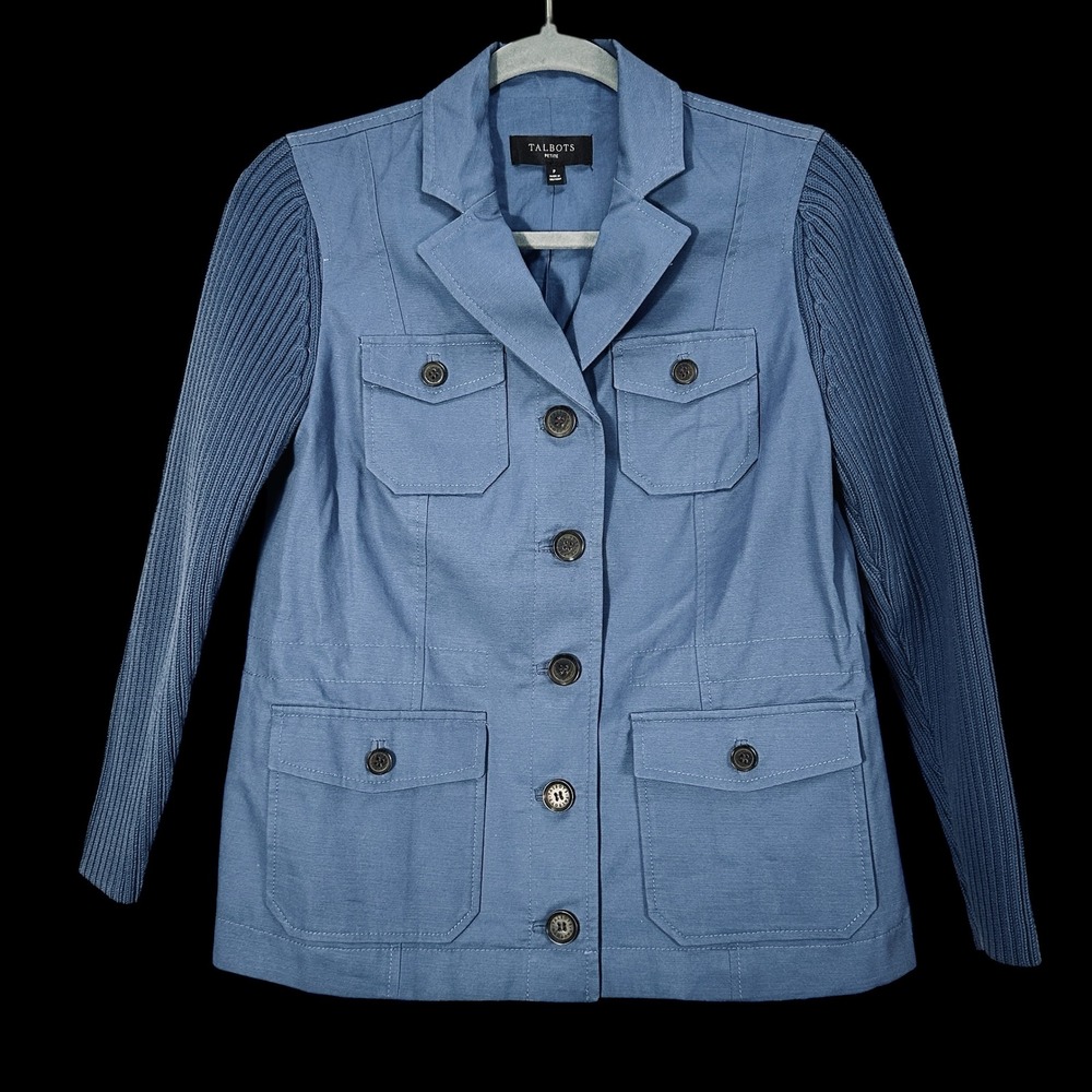 Talbots Petite Blue Utility Jacket Knit Sleeves Cinch Waist Women's Size P